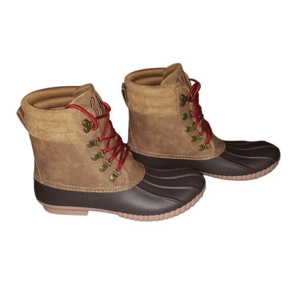 Marleylilly Women’s Duck Boots Sz 9 Tan Brown Waterproof Faux Leather Monogram - Picture 2 of 13